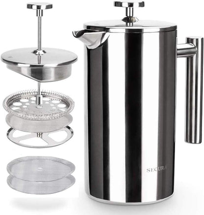 French Press Coffee Maker, 304 Grade Stainless Steel Insulated Coffee Press with 2 Extra Screens, 34Oz (1 Litre), Silver